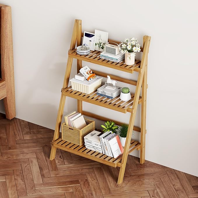 39.4" Foldable Plant Shelf Ladder Shelf, 3 Tier Bamboo Ladder Flower Pot Display Shelf, Freestanding Ladder Bookshelf for Garden, Balcony, Yard, Living Room, 23.6"W x 15"D x 39.4"H, Natural