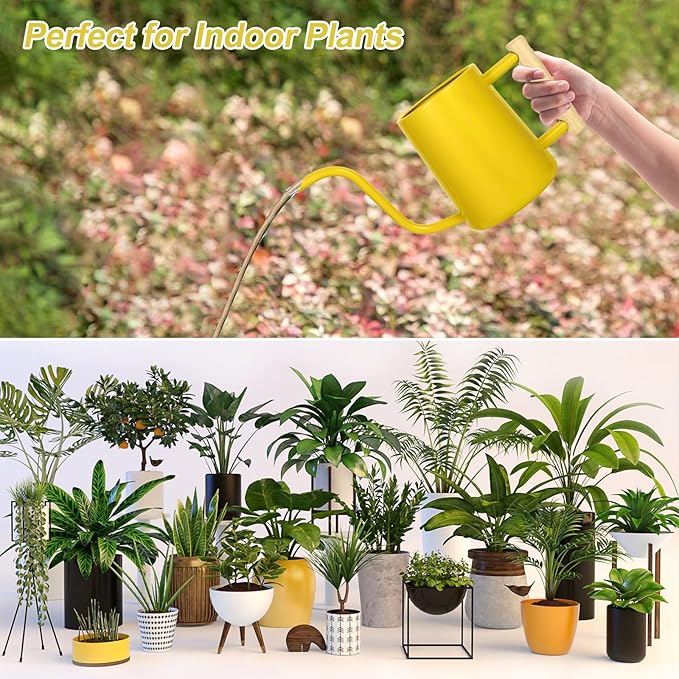 Watering Can Indoor Plants, 35 oz/1000 ml Metal Stainless Steel Watering Can Pot with Long Spout for Indoor House Plants Bonsai Outdoor Garden Flower Decorative (Yellow)