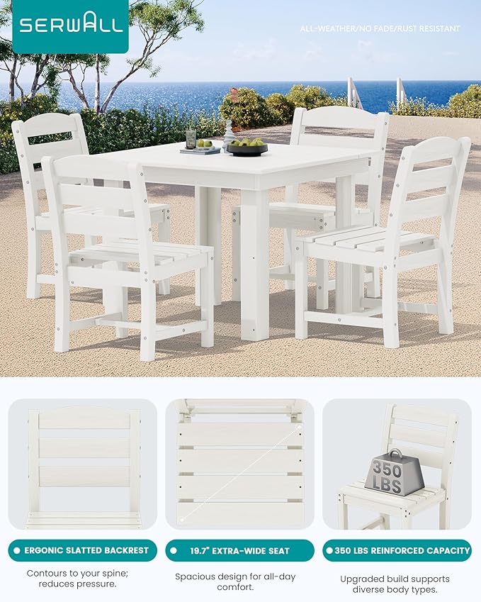 SERWALL Outdoor Dining Set for 4, HDPE Square Table and Chairs Set All Weather Patio Dining Set with 4 Armless Chairs for Patio, White