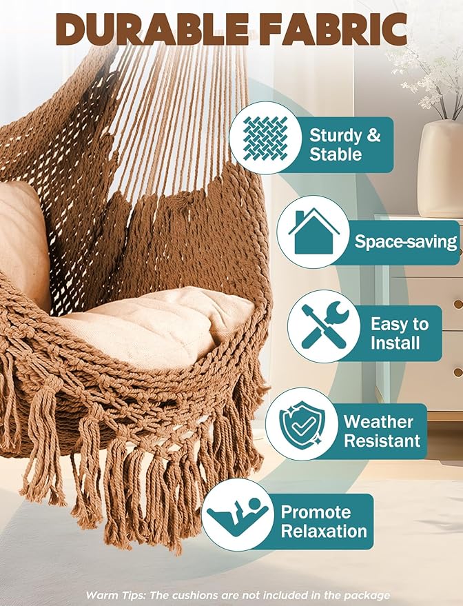 Chihee Hammock Chair Super Large Soft-Spun Cotton Rope Weaving Hanging Chair, Collapsible Strong Metal Spreader Bar Wide Seat Lace Stretch Swing Chairs Indoor Outdoor Garden Yard Theme Decoration