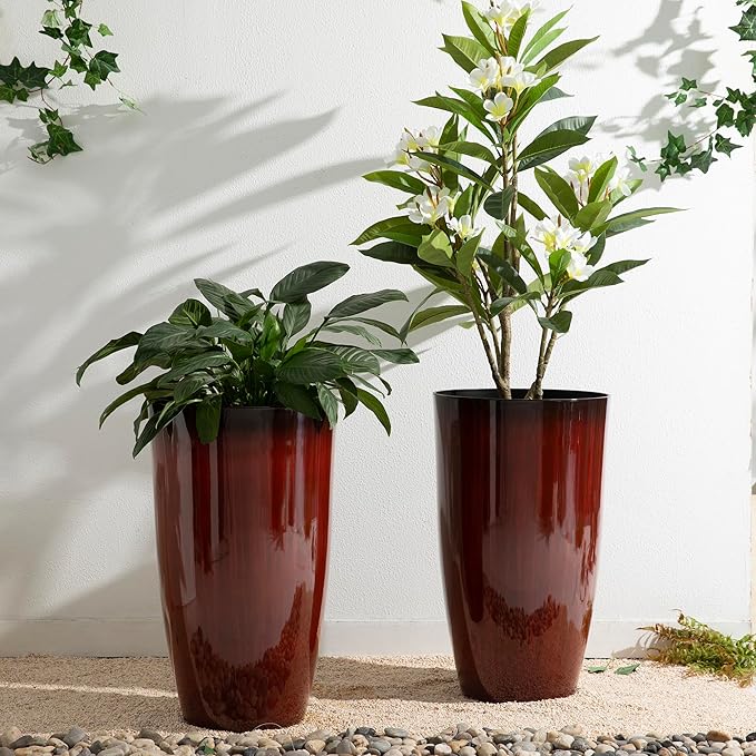Glitzhome 23.5" H Oversized Tall Planter, Set of 2 Plastic Large Outdoor Planters with Drainage Holes, Gradient Red Faux Ceramic Finish, Large Flower Pots Round Plant Pots for Indoor Outdoor Patio