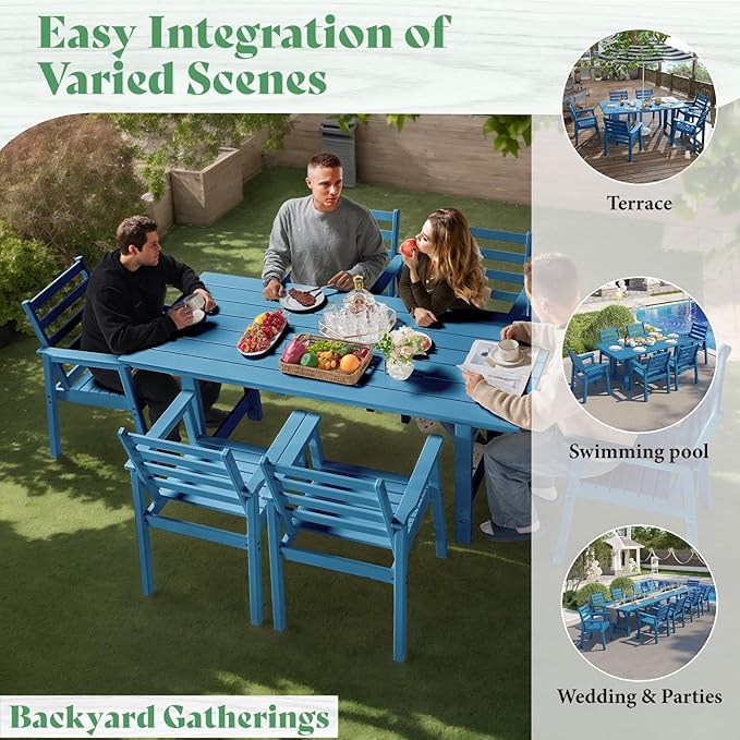 AMERLIFE 7-Piece HDPE Outdoor Dining Set with Umbrella Hole, 71" L Patio Table and Chairs Set for 6, Modern Garden Dining Set for Backyard, Poolside, Porch, Seaside, Blue