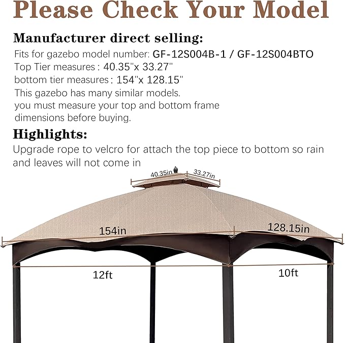 SCOCANOPY Light Beige Ripstop Replacement Top for Lowe's Allen Roth 10X12 Gazebo Model #GF-12S004B-1/ GF-12S004BTO