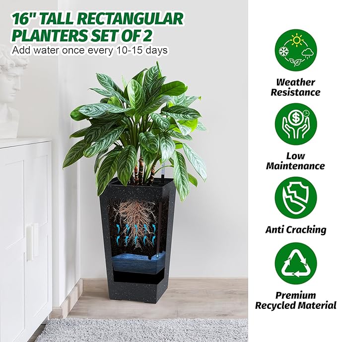 Garvee 16" Tall Planters Set of 2, Outdoor＆Indoor Black Planter Pots, High Front Porch Planter Pots with Drainage Holes＆Water Level Monitor＆Inner Bucket,Black