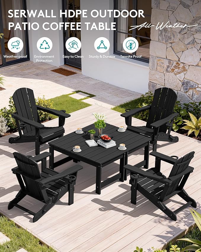 SERWALL Outdoor Coffee Table, HDPE Patio Coffee Table for Outside, Rectangle, Black