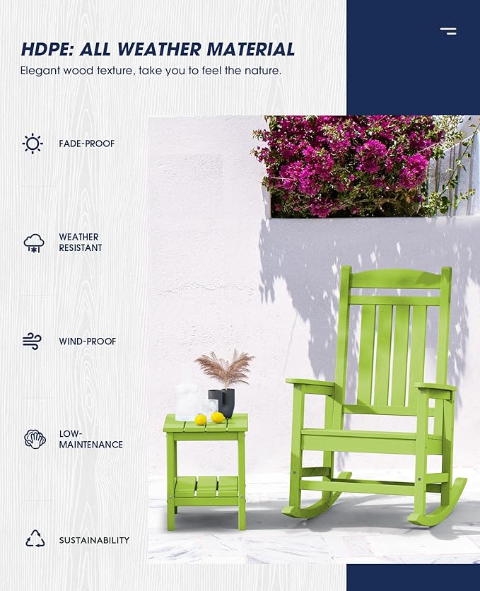 KINGYES Outdoor Rocking Chair Set of 2, High Density Polyethylene Patio Rocking Chairs with 330lbs Support for Adults, Pistachio Green