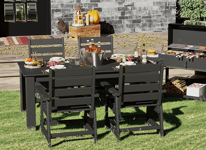 GREENVINES 5-Piece Outdoor Dining Set | HDPE | Patio Table and Chairs Sets for 4 | Patio Furniture | All Weather | Umbrella Hole | Black | for Backyard Poolside Garden