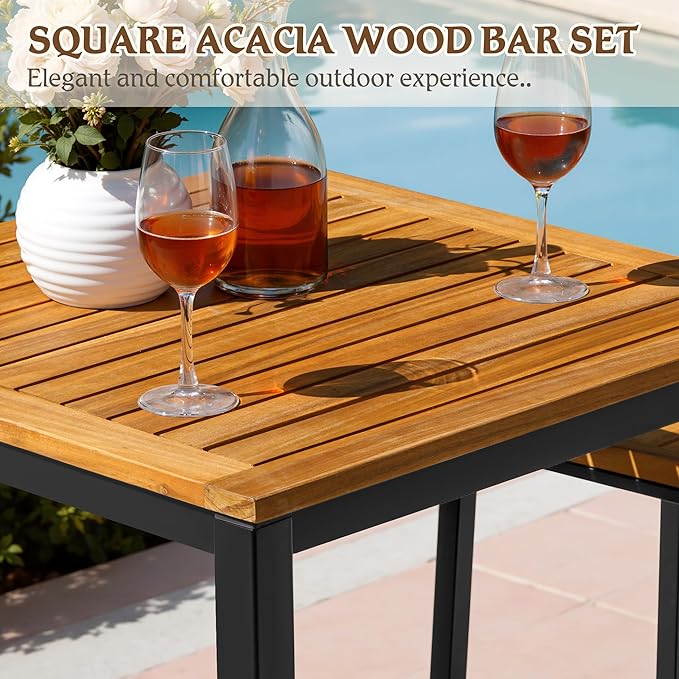 Devoko Acacia Wood Outdoor Patio Bar Set for 2, Square Counter Height Table with 2 Stools, Dining Bar Set for Garden, Deck, Pool Side, Dining Room, Kitchen, Living Room