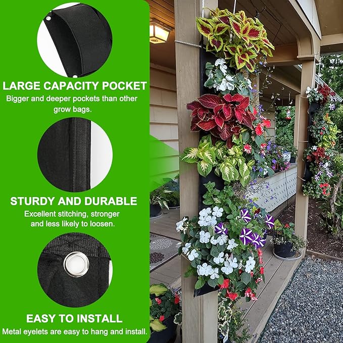 ANGTUO 6 Pockets Hanging Planters for Outdoor Plants, One Pack Wall Planter Vertical Garden, Hanging Plant Holder for Railing, Balcony, Fence