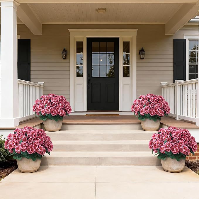 2 Pack Artificial Geranium Flowers Topitary Trees for Outdoors, UV Resistant Geraniums Potted Bushes Look Real Silk Faux Plants for Front Door Garden Porch Planter Farmhouse Home Decor (Peach Red)