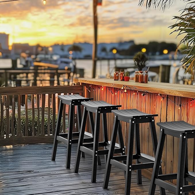 VINGLI 29" Outdoor Bar Stools Set of 2, HDPE Poly Lumber Bar Chairs with Footrest, Weather Resistant Patio Barstools for Bar, Kitchen Counter, Yard (Black, 29 Inch 2 PC)