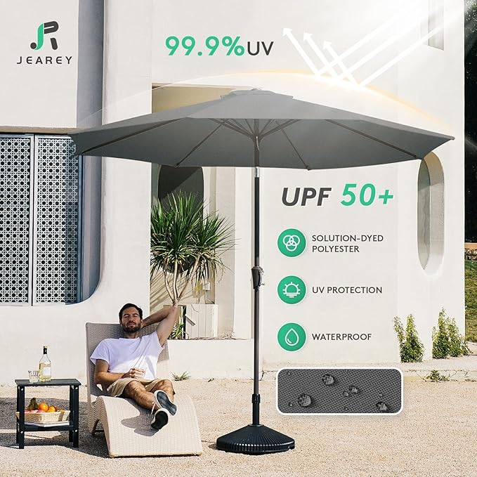JEAREY 9FT Outdoor Patio Umbrella Outdoor Table Umbrella with Push Button Tilt and Crank, Market Umbrella 8 Sturdy Ribs UV Protection Waterproof for Garden, Deck, Backyard, Pool (Dark Gray)