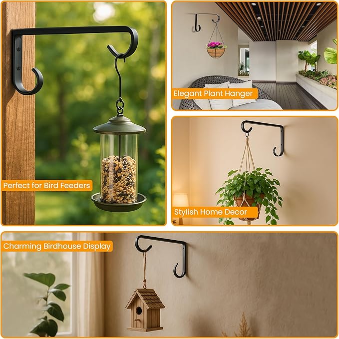 Metal Plant Hangers Outdoor - Wall Mounted Hanging Plant Bracket, 6 Inches, Set of 2, Ideal for Small Plants, Bird Feeders, Wind Chimes (Black)