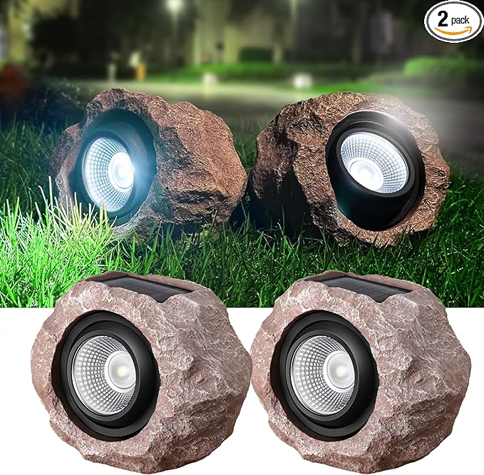 Timeflies Solar Rock Lights Outdoor, 2 Pack Super Bright Solar Spot Lights Outdoor IP65 Waterproof Solar Yard Lights, Auto On/Off Garden Decor for Outside Paths, Sidewalks, Yards, Landscapes, Patios