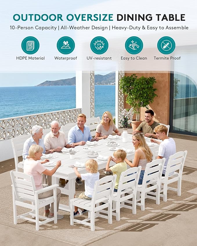 SERWALL 11 Piece Outdoor Dining Set, 84" HDPE Outdoor Table and Chairs for 10，All Weather Patio Furniture Set with Umbrella Hole for Backyard, Garden, White