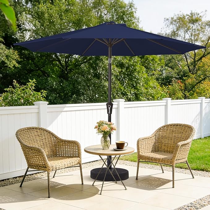 MEWAY 9ft Patio Umbrella Outdoor Table Umbrellas with Push Button Tilt and Crank, Market Umbrella 8 Sturdy Ribs for Deck, Garden, Pool and Backyard, Navy