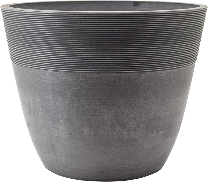 PSW Pot Collection 12-inch Plastic/Stone/Wood Composite Large Ribbed Planter – No Drainage Hole (Drillable), Indoor/Outer Garden Pot for Foliage, Trees, Flowers, Ferns, Cement Gray