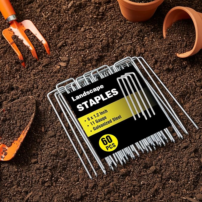 HongWay 60 Pack 6 Inch Landscape Staples, Galvanized Garden Stakes 11 Gauge Plant Cover Stakes U-Shaped Tent Stakes Landscaping Pins Yard Ground Staples for Lawn, Turf, Fence, Irrigation Hose