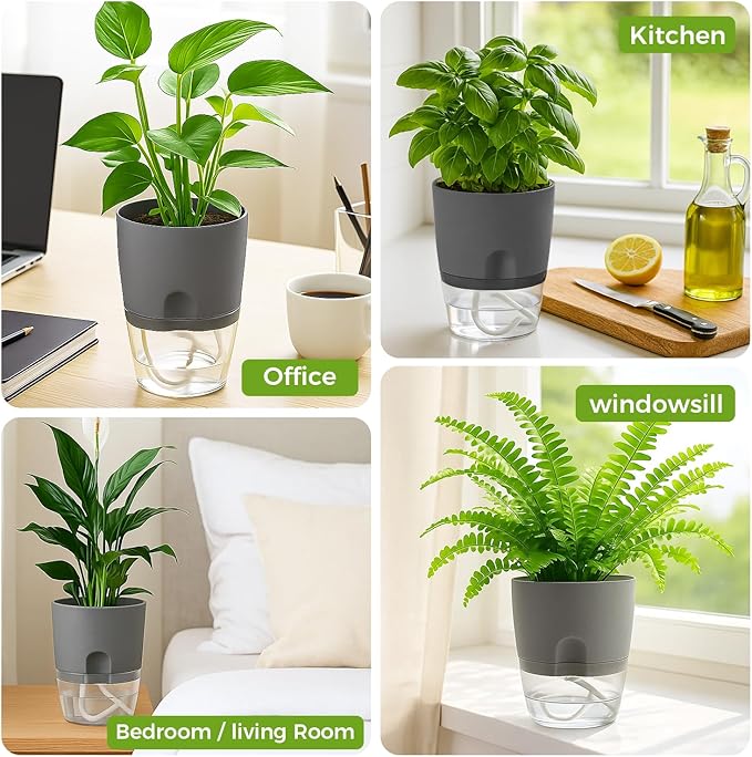 Planterhoma 6 Pack Self Watering Pots for Indoor Plants, 3.2/4/6 Inch Plant Pot Plastic Self Watering Planter for Orchid, African Violet, Small Clear Flower Pots with Drainage Holes and Wicking, Grey