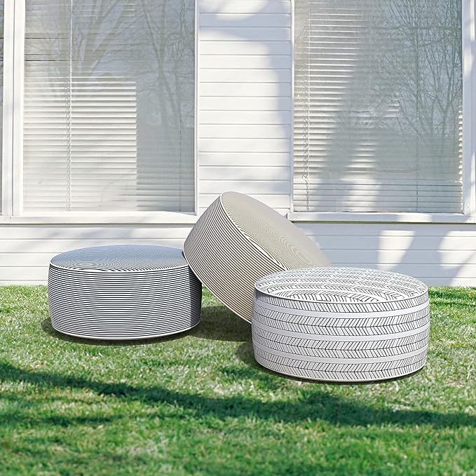 LVTXIII Indoor/Outdoor Inflatable Ottoman with Handle D21 x H9 Inch, Weather-Resistant Round Footstool Pouf for Patio Camping Living Room, Portable Footrest Extra Seating, Herringbone Black White