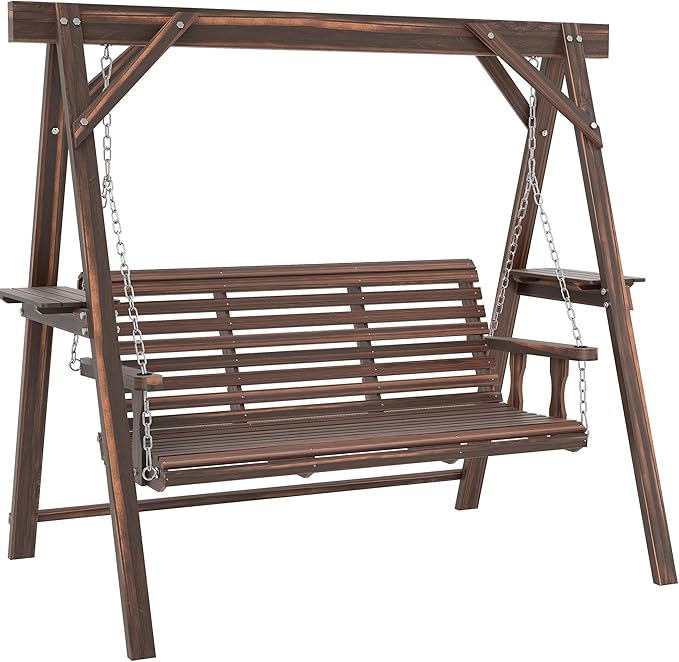 Outsunny 3 Seat Porch Swing with Stand, Wooden Patio Swing Chair with Side Tables and Metal Chains, Outdoor Swing Bench for Garden, Poolside, Backyard, Carbonized Brown