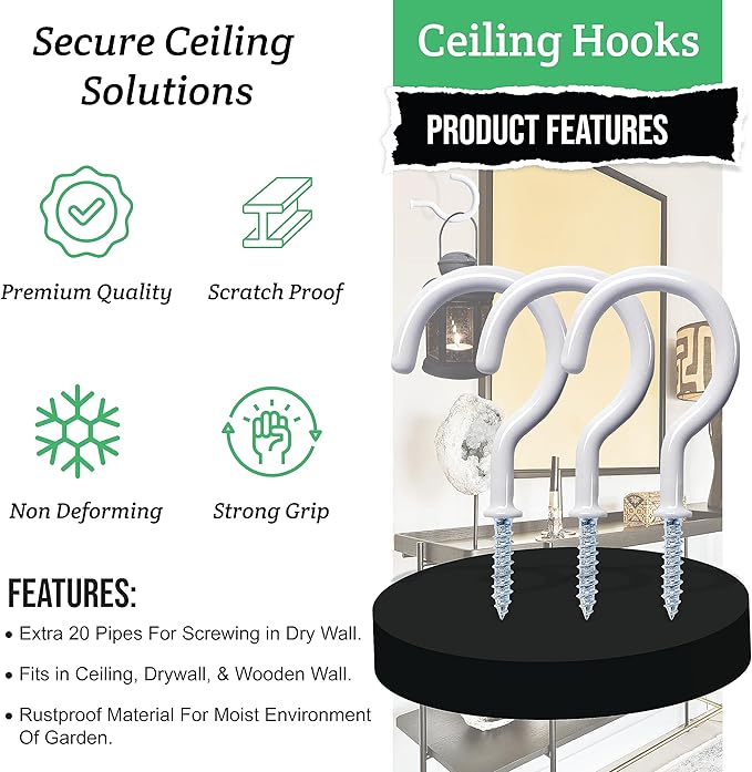 20 Pcs Ceiling Hooks for Hanging Plants - 2.9 inches Heavy Duty, Hanging Hooks for Christmas Lights, Cups, Decors - White Vinyl Coated Screw in Plant Hanger Hook Indoor and Outdoor