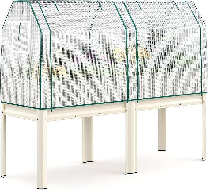 KING BIRD Large Raised Garden Bed with Netting Galvanized Elevated Planter Box with Legs 72×23×55 in for Backyard, Patio, Balcony, 700lb Capacity, Beige
