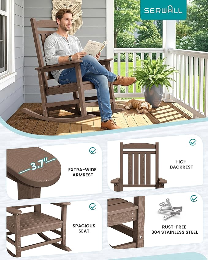 SERWALL HDPE Outdoor Rocking Chair for Adults, Heavy Duty Patio Rocking Chair, All-Weather Oversized Porch Rocker, Brown