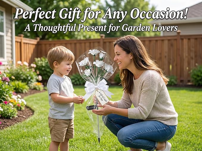 Solar Garden Rose Lights by FANCYPOP, 2 Pack Most Realistic 12 LED Flower Stake Lights, IP65 Waterproof 7 Color Changing Solar Decor for Walkway/Graveyard, Heartwarming Gifts for Grandma & Mom, White