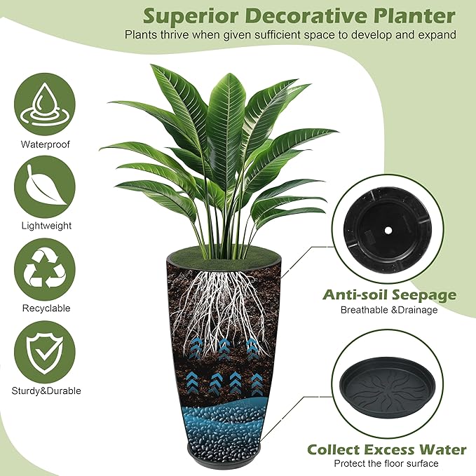 24-21-11 Inch Tall Planters Set of 3, Indoor Outdoor Blue Glossy Round Planter with Drainage Hole and Saucer, Large Decorative Plant Pots for Home Garden Porch (Blue)