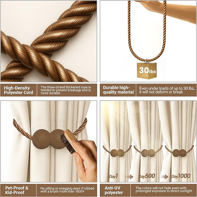 Hion Magnetic Curtain Tiebacks Dark Brown 6 Pack, Curtain Tiebacks Buckles Holdbacks Holders Hooks Clip for Home Bedroom Office Decorative Thick or Thin Curtain