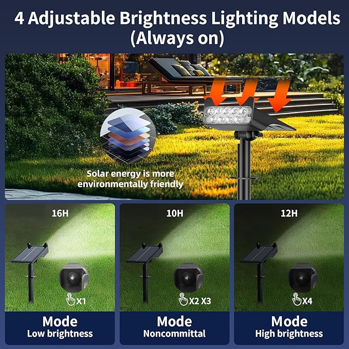 Solar Spotlights Outdoor Waterproof Landscape Path Lights Solar Dusk to Dawn Outdoor Lighting 4 Brightness Modes for Garden Pathway Tree Driveway Porch Yard