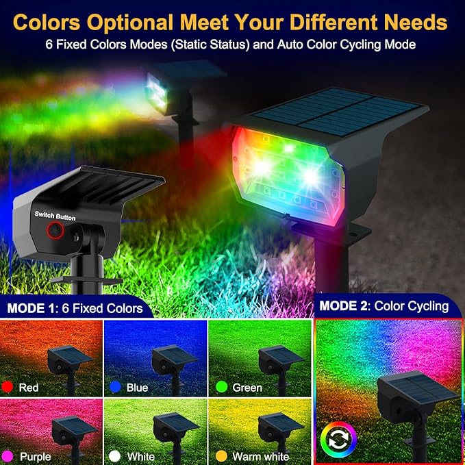 nipify 1 Pack Solar Spot Lights Outdoor Color Changing, 7 Modes Halloween RGB Solar Powered Waterproof Spotlight, Landscape Lighting for Outside Yard Garden Pathway