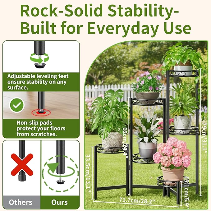 Plant Stand Indoor Outdoor, 6 Tier Metal Flower Shelf for Multiple Plants Corner Tall Floding Flower Holders for Patio Garden Living Room Balcony Bedroom - BlackCircle