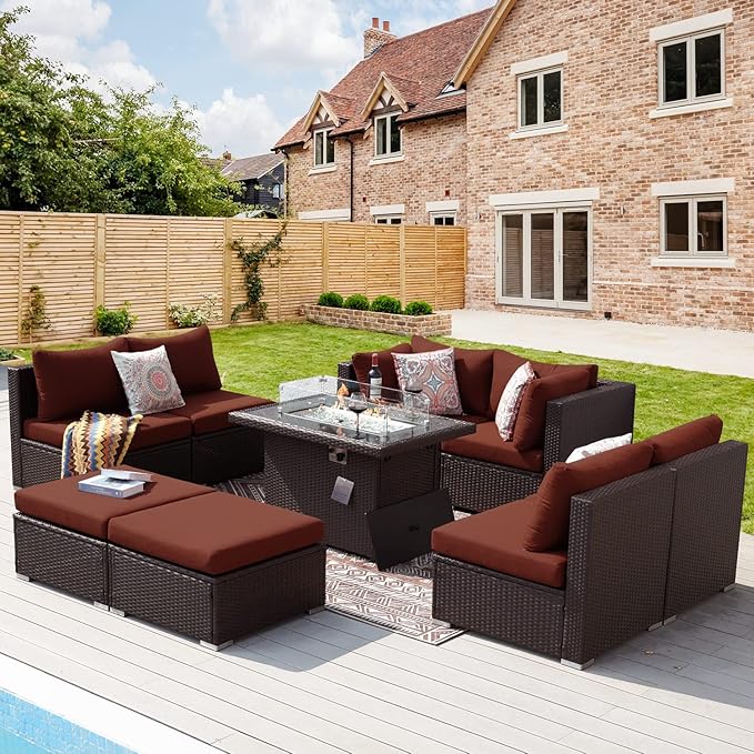NICESOUL 9 Pcs Large Outdoor Patio Furniture Set with Firepit Natural Gas & Propane, 29.3 High Back Comfy Conversations Sofa Sets Modular, Wide Sectional for Heavy Weight, Brown Rattan and Red Cushion