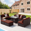 NICESOUL 9 Pcs Large Outdoor Patio Furniture Set with Firepit Natural Gas & Propane, 29.3 High Back Comfy Conversations Sofa Sets Modular, Wide Sectional for Heavy Weight, Brown Rattan and Red Cushion