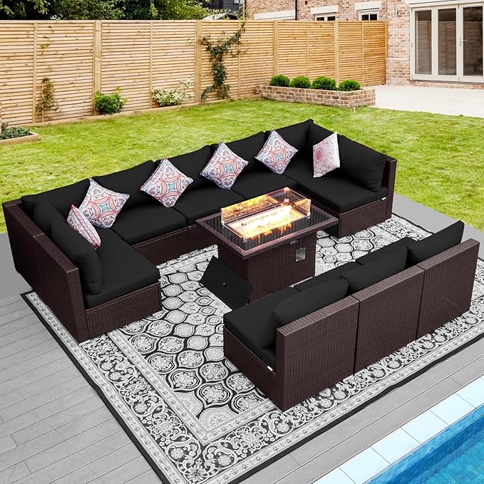 NICESOUL 11 Piece L-Shaped Outdoor Patio Furniture Set with Fire Pit Natural Gas/Propane, 29.3'' High Back Conversation Set, Extra Large Deep Couch Sofa Sectional Sets, Brown Rattan and Black Cushion