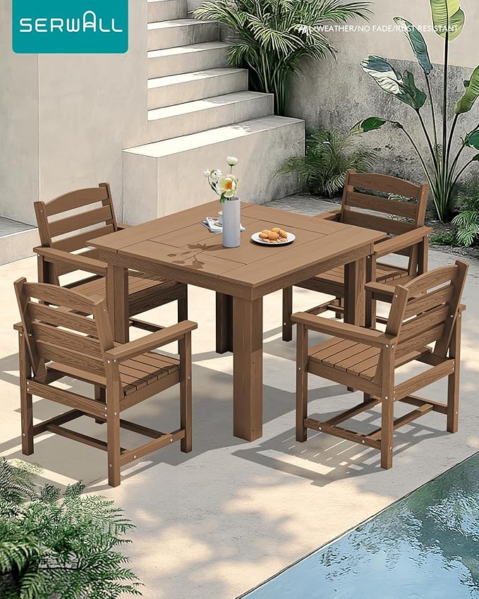 SERWALL Outdoor Dining Set for 4, HDPE Square Table and Chairs Set All Weather Patio Dining Set with 4 Classic Dining Chairs, 5-Piece Patio Dining Furniture for Deck, Brown
