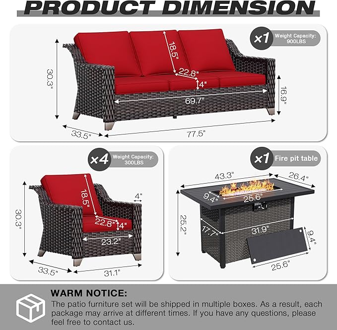 Joyside Wicker Patio Furniture Sets, 6 Pieces Upgraded Large Size Outdoor Furniture with 4 Swivel Rocking Patio Chairs, 3-Seat Sofa, Fire Table,Thick Cushions, Wide Armrest, Red