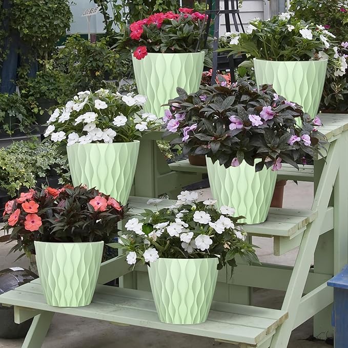 6 Pack 7 Inch Indoor Plant Pots with Drainage Holes, Outdoor Plastic Decorative Flower Pots, Garden Planters with Tray Saucers for Orchids, Violets, Succulents, Herbs, and Other Plants
