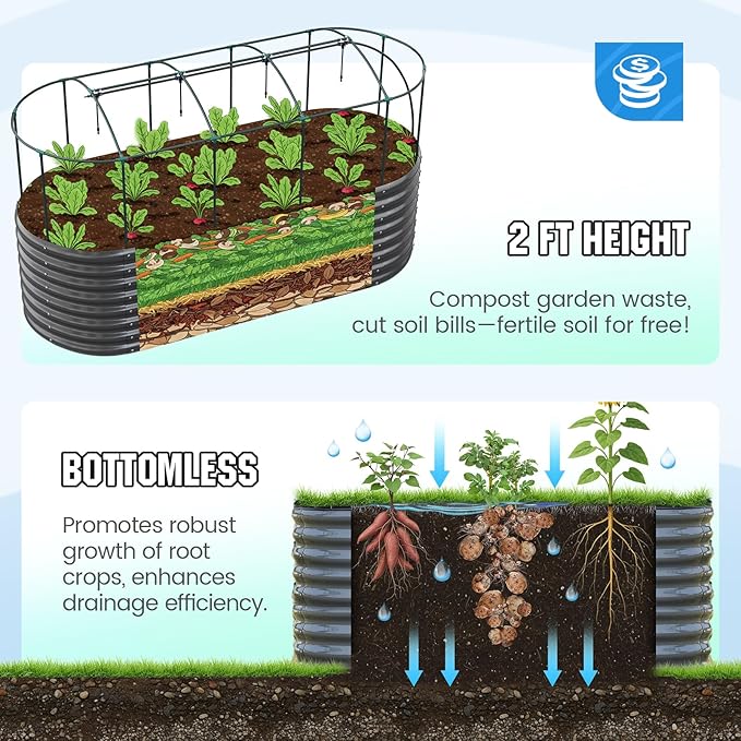 Quictent Galvanized Raised Garden Bed Kit with Self Watering System and Mesh Cover, Large Oval Metal Outdoor Planter Garden Boxes for Vegetables Herbs Flowers, 8x3x2Ft