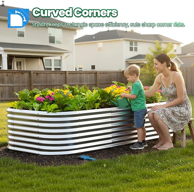 Quictent Galvanized Tall Raised Garden Bed Kit, 8x4x2 ft Oval Large Planting Box, for Vegetables Outdoor Strengthened by Crossbar (Silver)