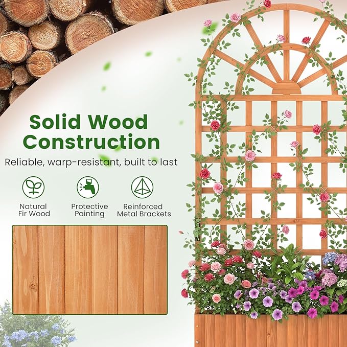 Giantex Wooden Raised Garden Bed with Arched Trellis Set 2, 71” Fir Wood Outdoor Elevated Planter Box Privacy Screen w/Drainage Holes, Vertical Garden Bed for Climbing Plants, Patio Balcony Backyard