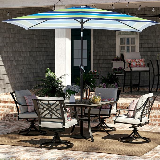 JEAREY 6.5x10 ft Rectangular Patio Umbrellas Rectangle Outdoor Umbrella with Push Button Tilt and Crank, Market Table Umbrella 6 Sturdy Ribs UV Protection for Poolside Garden Backyard Deck, Blue-Green Stripe