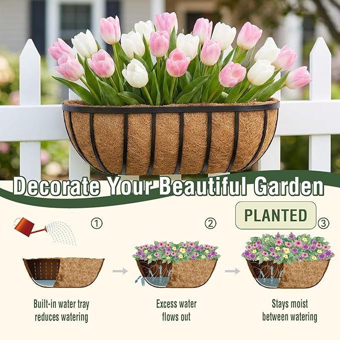 4 Pcs 30 Inch Trough Coco Liner for Window Box, 100% Natural Half Moon Coconut Coir Planter, Replaceable Coconut Fiber Liner for Window Boxes & Fence Flower Baskets (4, 30 inch)