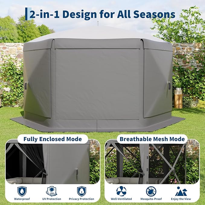 13x13FT 6-Sided Pop Up Gazebo Tent，One-Push Setup Canopy Tent with Removable Canopy Top & Wind Cloths, Outdoor shelter for Camping, Backyard Parties, Outdoor Events - Grey