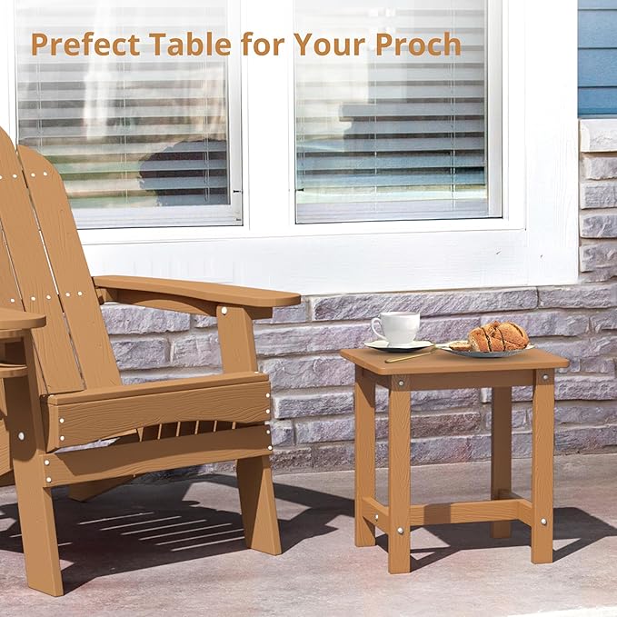 LUE BONA Outdoor Side Table, HDPS Small Outdoor Table, Adirondack Side Table, Outside End Table for Patio, Porch, Deck, Weather Resistant/Easy Maintenance/Indoor or Outside Use, Teak Color