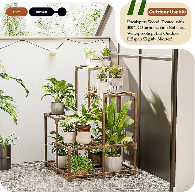 Bamworld Corner Plant Stand Indoor Outdoor Plant Shelf Small Plant Table for Multiple Plants Wooden Plant Holder for Garden Patio Lawn Window Plants Gift,Brown