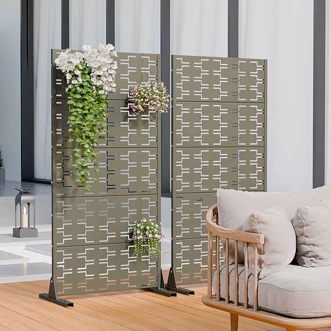 Casaphoria Metal Privacy Screen Outdoor, 60" x 30" W Freestanding Decorative Privacy Screen for Patio Deck Balcony Garden with Stable Base, Green-Brick