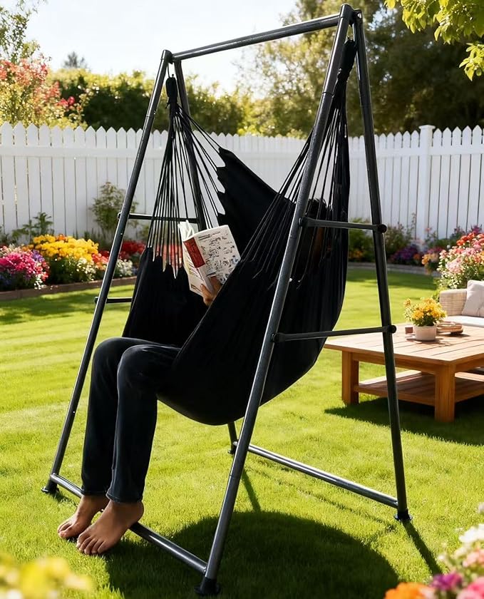 Hammock Chair Stand with X-Large Swing Chair with Footrest，Anti-Tip Thickened Weather-Resistant Iron Pipe Swing Frame, 450Lbs Stand Capacity Quick Assembly for Indoor Outdoor (Dark Grey)
